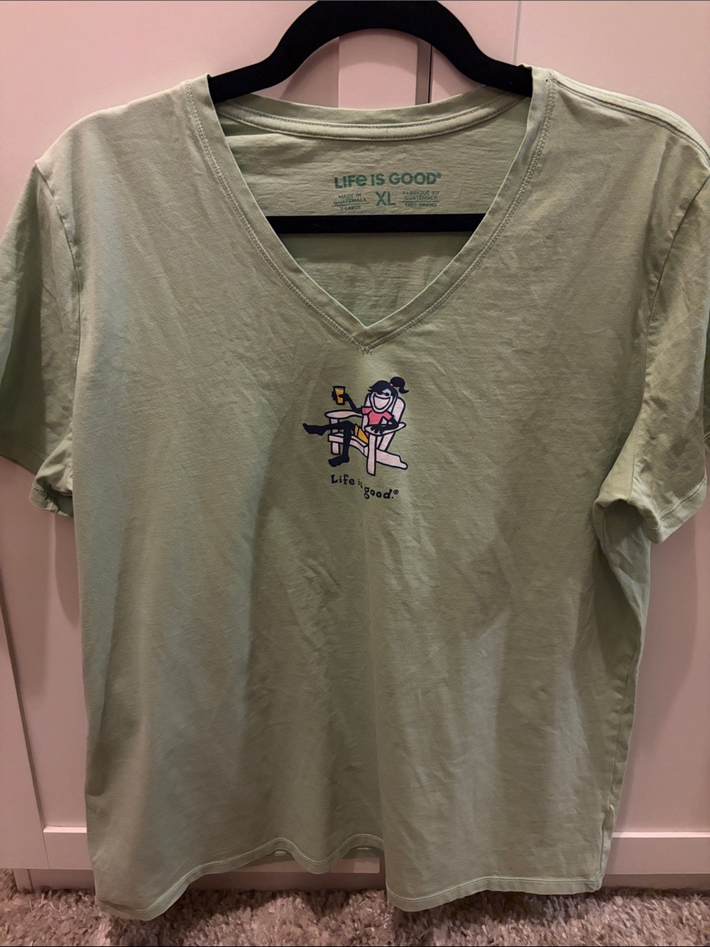 Life Is Good Sage Green V-Neck Tee with Beach Cartoon